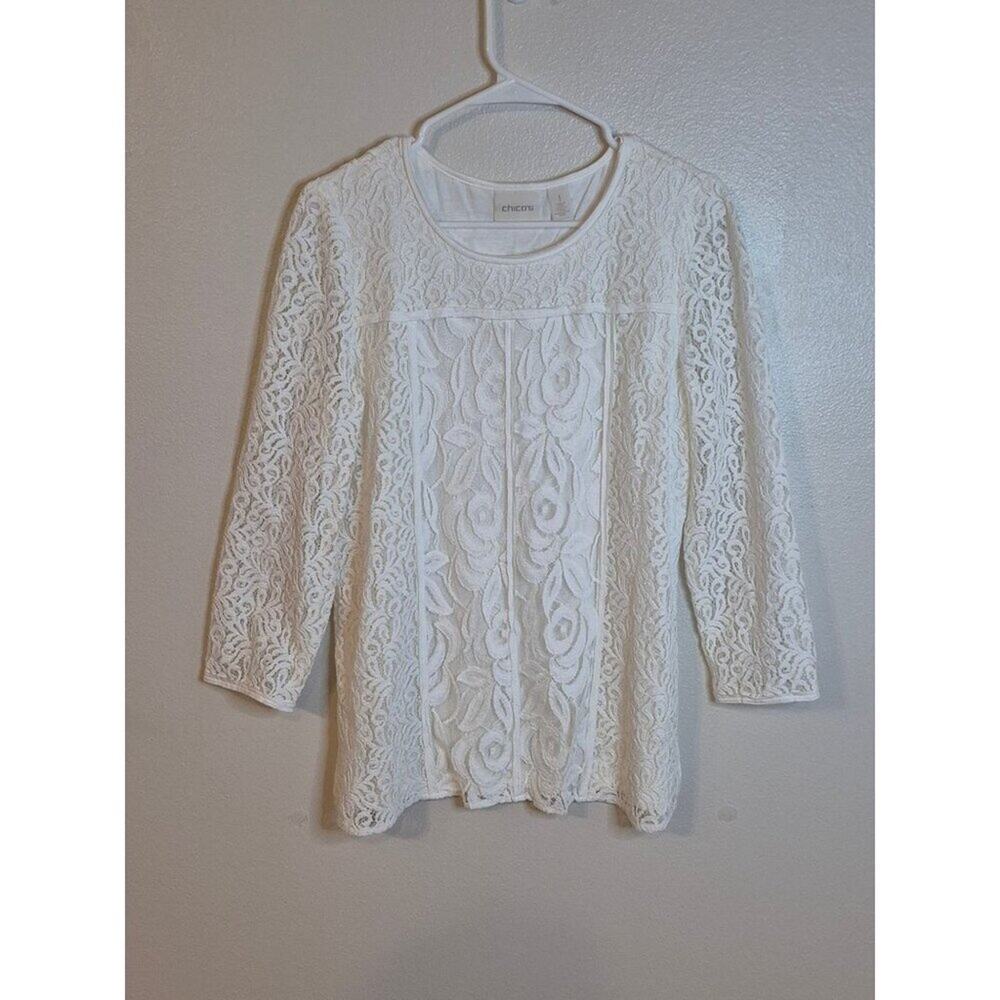 ​Chico's White Floral Lace 3/4 Sleeve Paneled Tunic Blouse - Size 1